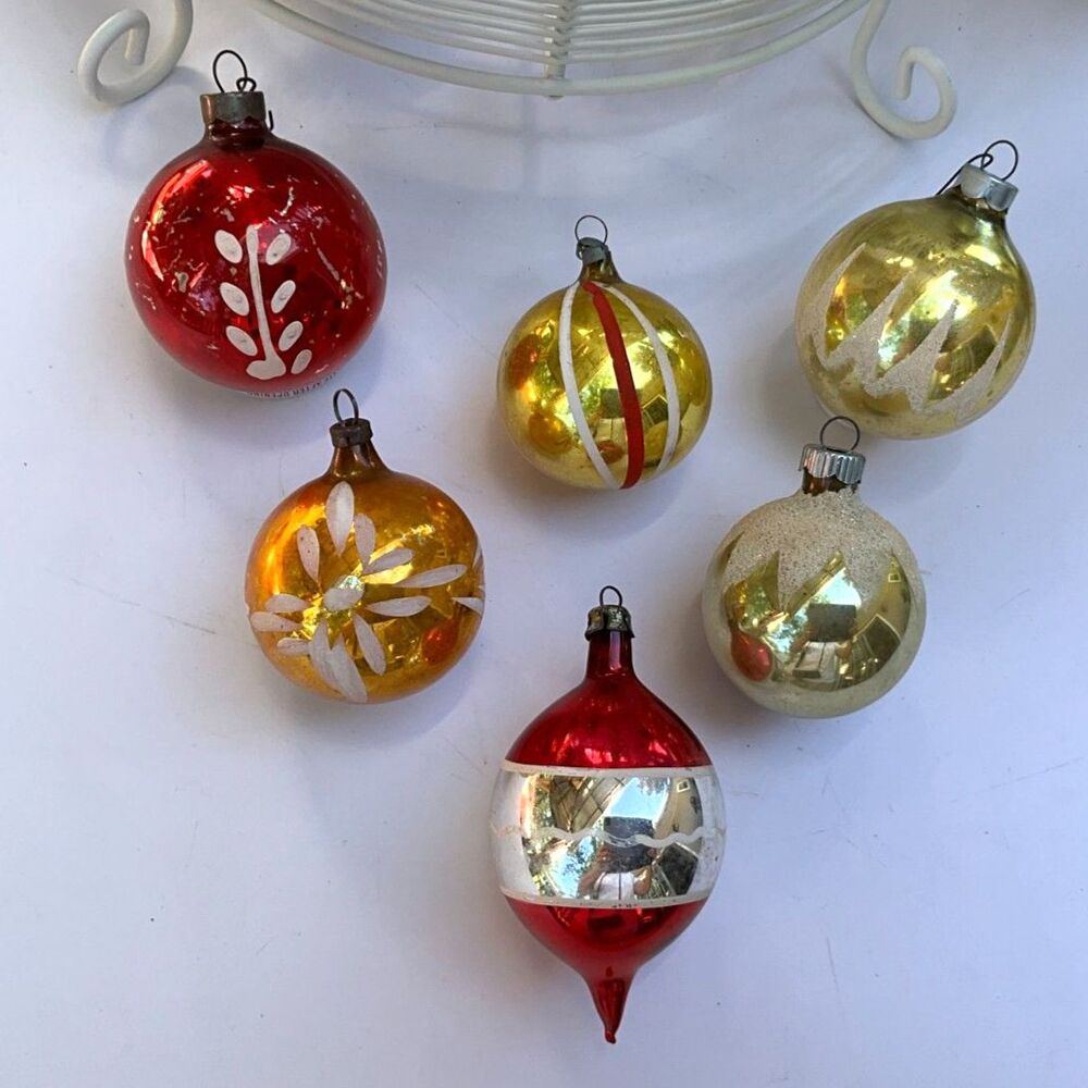 Six vintage Christmas ornaments red and gold Shiny Brite painted and stenciled